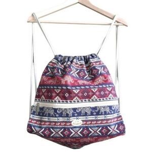 J.M. Bangkok Canvas Backpack Drawstring Gym Bag Ethnic Bohemian w/zip Pocket